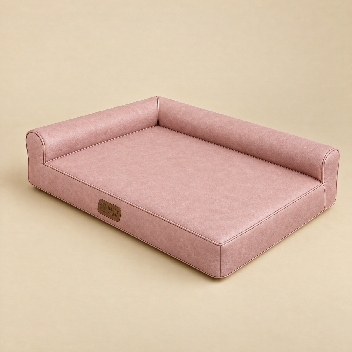 Faux leather lounge dog bed in pink with raised bolster and open front