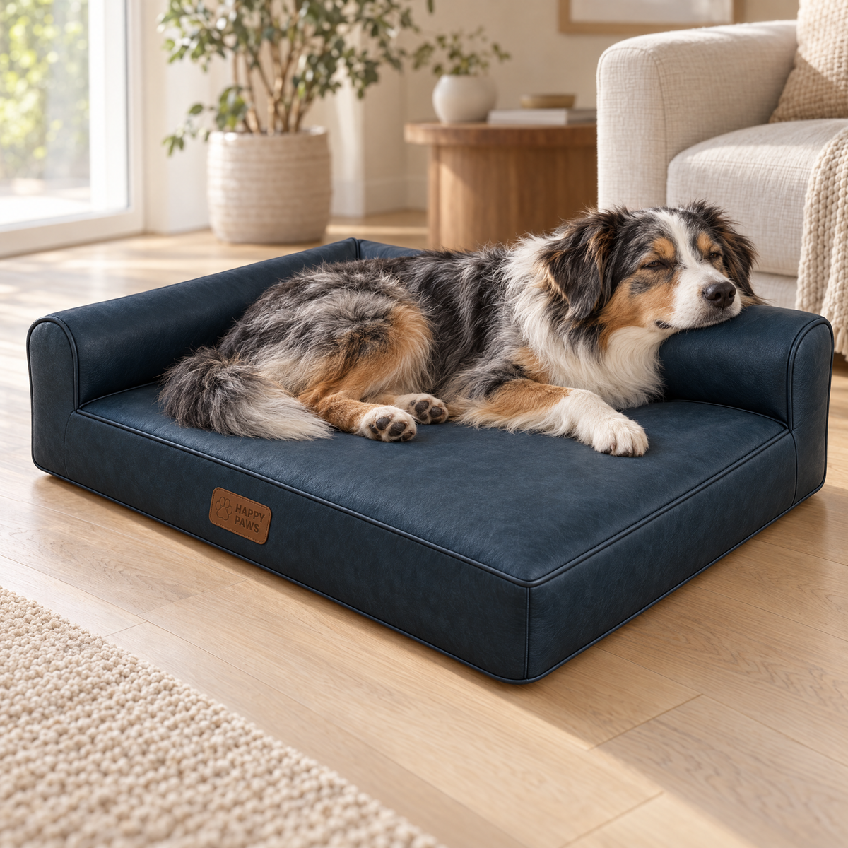 Australian Shepherd resting its chin on the bolster of a navy Faux Leather Lounge Dog Bed in a sunny living room