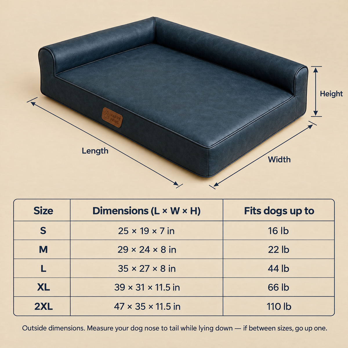 Faux leather lounge dog bed size chart: S, M, L, XL and 2XL dimensions in inches with dog weight limits