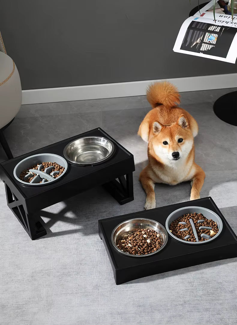 Adjustable Elevated Dog Bowl Stand with Slow Feeding Dish