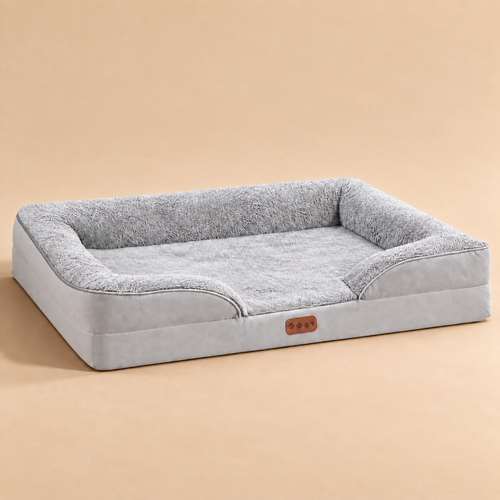 Bolster Dog Bed in Light Gray with padded edges on three sides and a low front