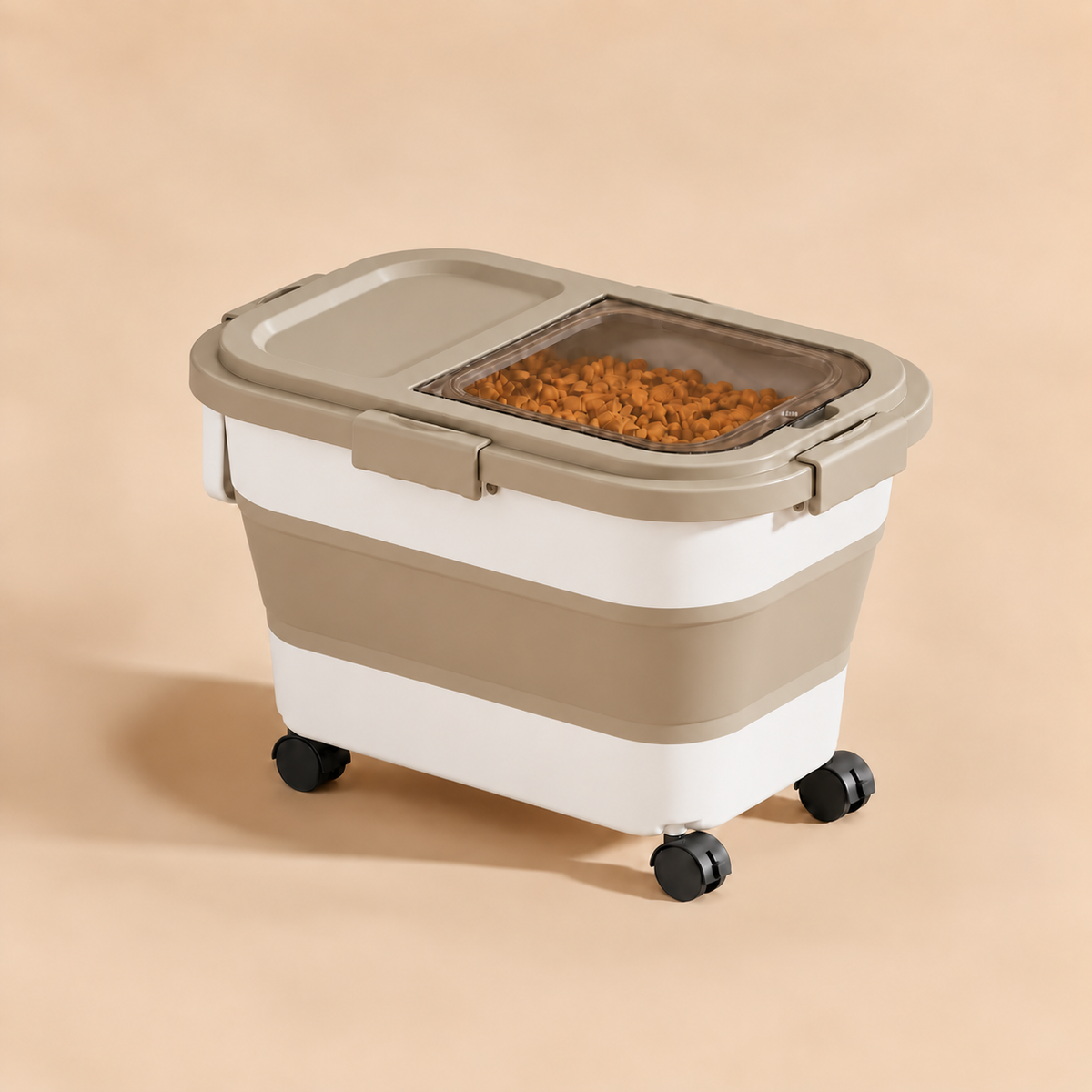 Khaki Collapsible Sealed Dog Food Storage Bin on wheels, filled with kibble