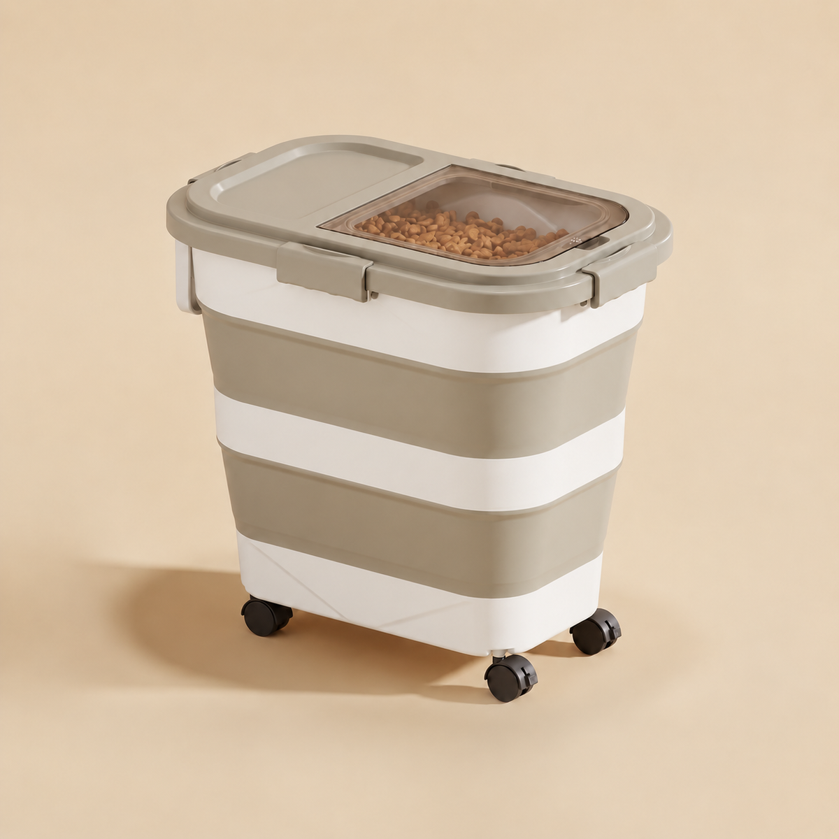 Tall khaki Collapsible Sealed Dog Food Storage Bin on wheels
