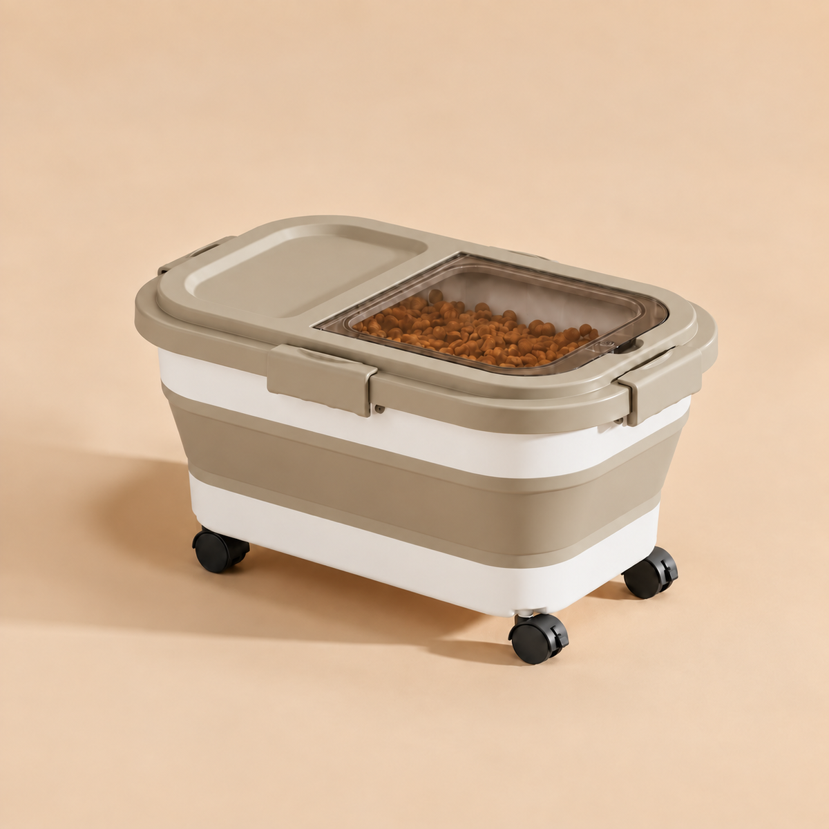 Compact khaki Collapsible Sealed Dog Food Storage Bin on wheels