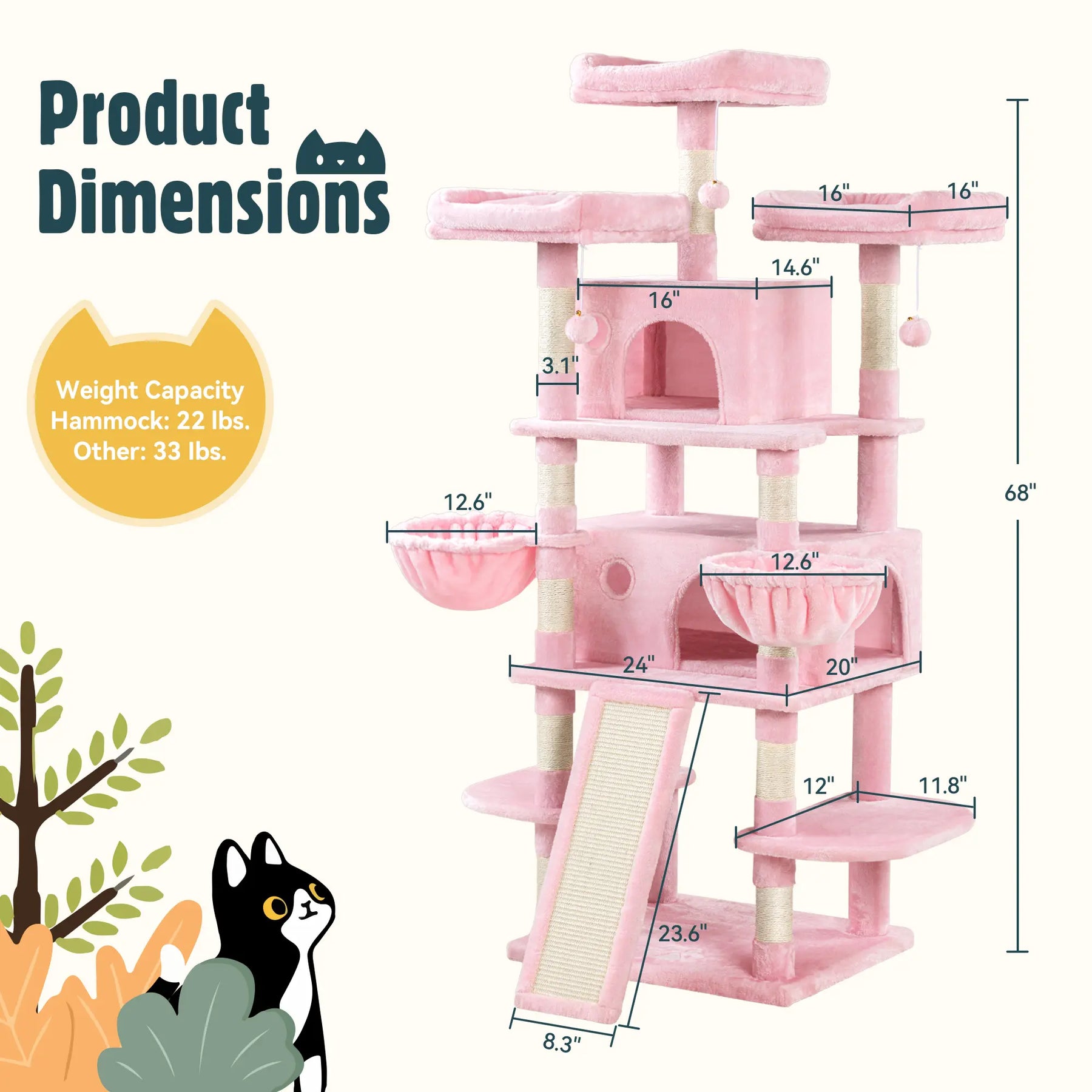 HOOMIC 68-Inch Multi-Level Cat Tree Tower for Large Cats with Sturdy Chipboard Base & Sisal Scratching Posts Cozy Plush Perches & Wide Base Board for Home Activity