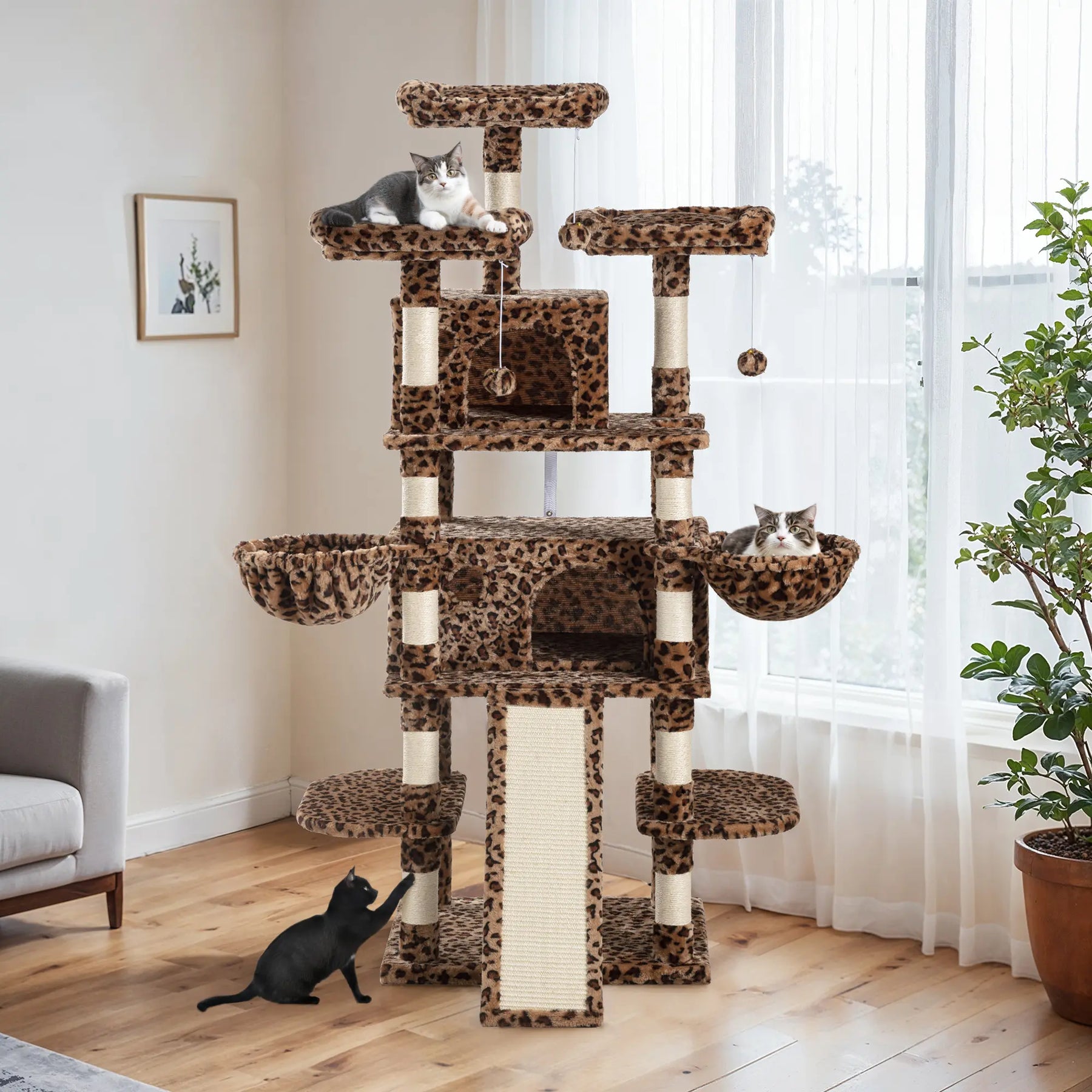 HOOMIC 68-Inch Multi-Level Cat Tree Tower for Large Cats with Sturdy Chipboard Base & Sisal Scratching Posts Cozy Plush Perches & Wide Base Board for Home Activity
