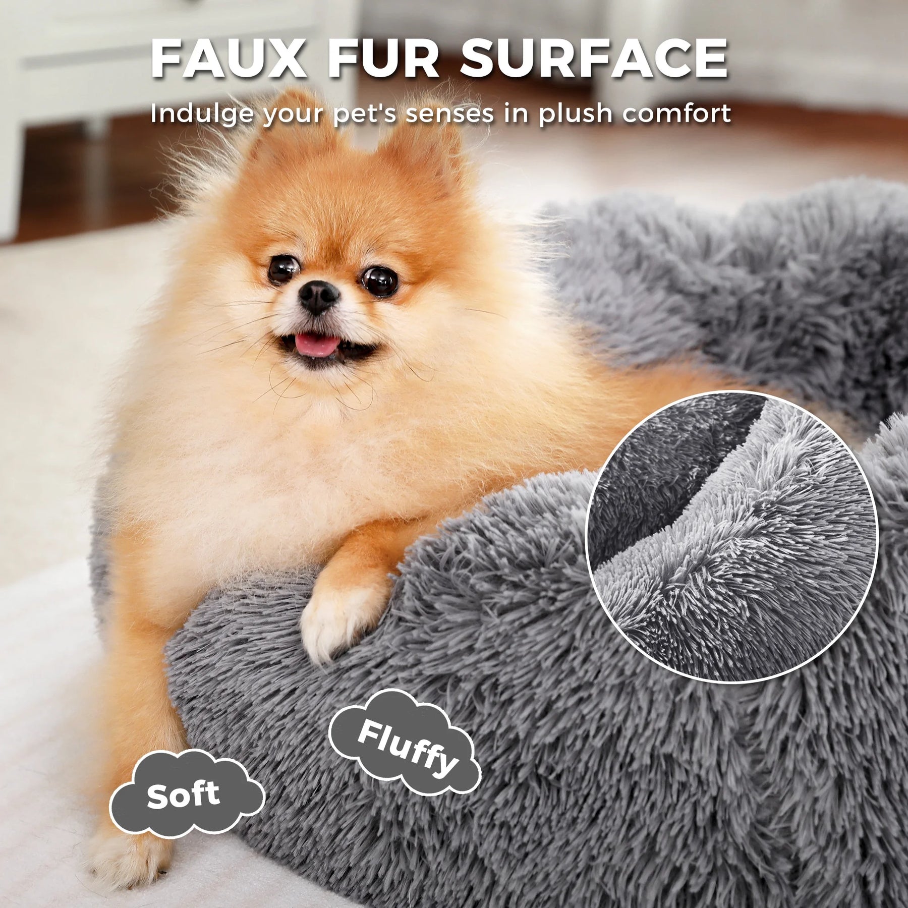 Calming Donut Dog Bed Anti-Anxiety Plush Pillow round Puppy Cat Bed 35" for Pets up to 100Lbs,Gray