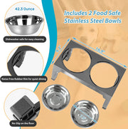 Elevated Dog Bowls Stand with 2 Stainless Steel Dishes, Raised Dog Bowl Adjusts to 5 Heights (3.15", 8.9", 10",11.2", 12.4") for Medium and Large Dogs（Gray）