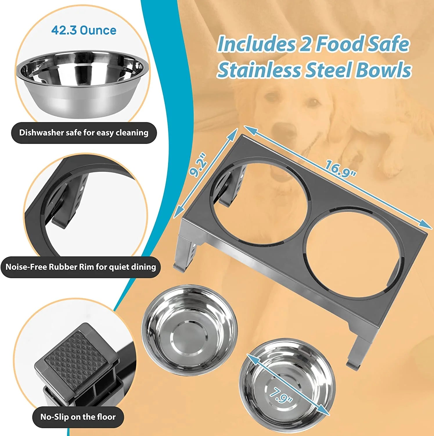 Elevated Dog Bowls Stand with 2 Stainless Steel Dishes, Raised Dog Bowl Adjusts to 5 Heights (3.15", 8.9", 10",11.2", 12.4") for Medium and Large Dogs（Gray）