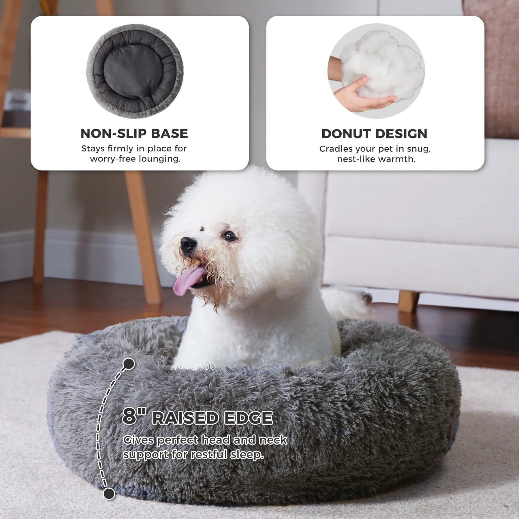 Calming Donut Dog Bed Anti-Anxiety Plush Pillow round Puppy Cat Bed 35" for Pets up to 100Lbs,Gray