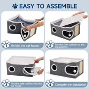 Cat Beds for Indoor Cats, Extra Wide Large Cat House for Pet Cat Cave with Scratch Pad and Fluffy Hanging Ball,Foldable Cat Cube Hideaway,Grey