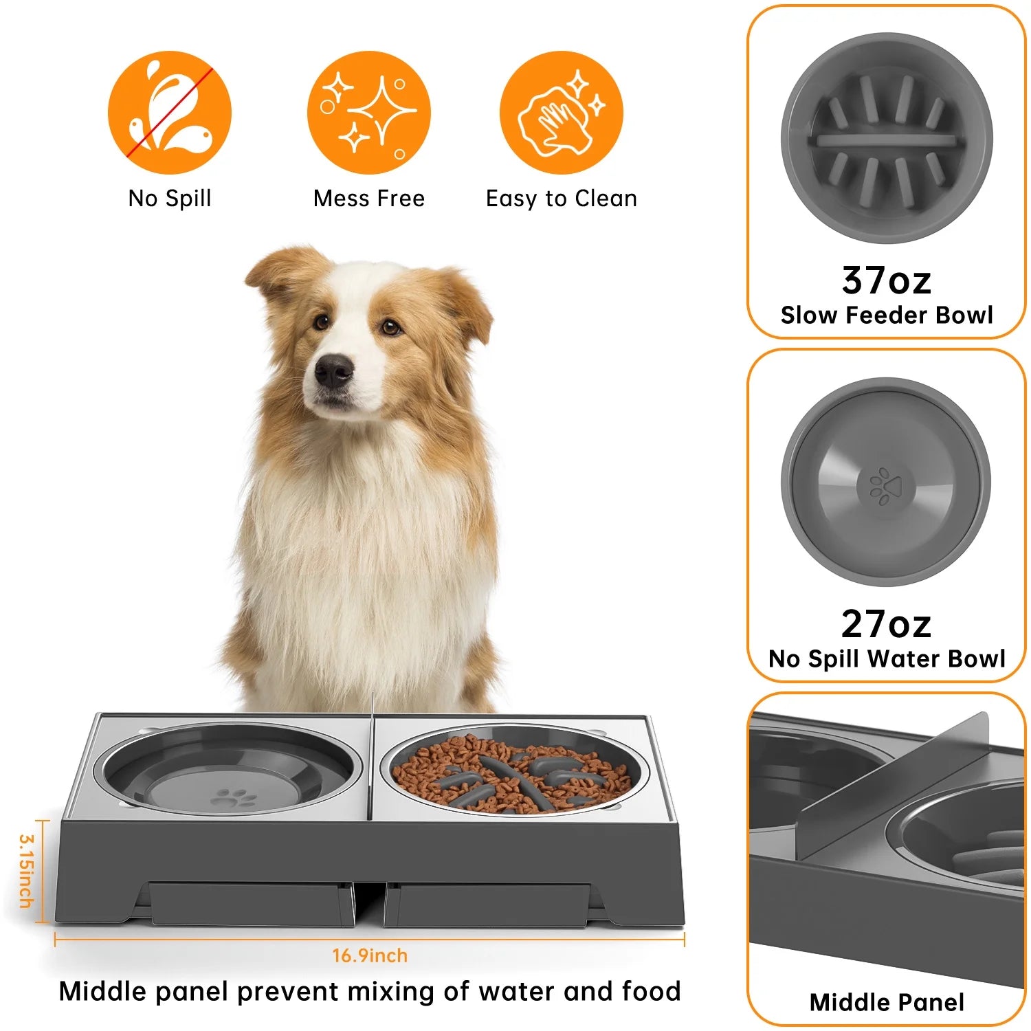 Elevated Dog Bowls, Raised Slow Feeder Dog Bowls with No Spill Dog Water Bowl Dispenser, 5 Heights Adjustable Raised Dog Bowls Stand for Small Medium Large Dogs Cats & Pets, Non-Slip Dog Feeder