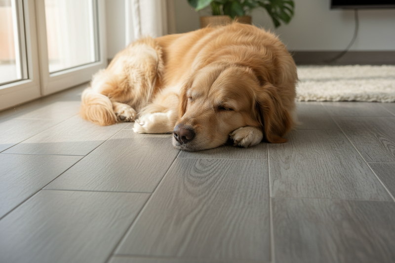 can you have a dog Laing down on a grey wood tile floor 