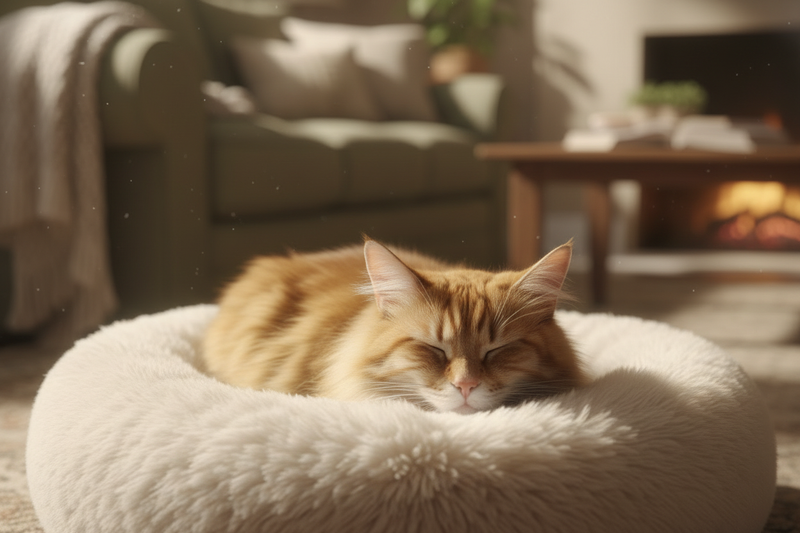 can you zoom in on the cat and a little less stuff in the background really focus on the cat in the bed