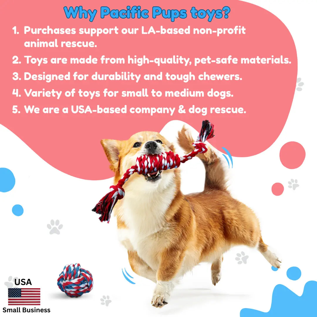 Pacific Pups 5 Piece Dog Toy Set - Dog Tug Toys for Small & Medium Dogs - Small Dog Toys - Dog Rope Toys Value Pack - Benefits Non-Profit Dog Rescue
