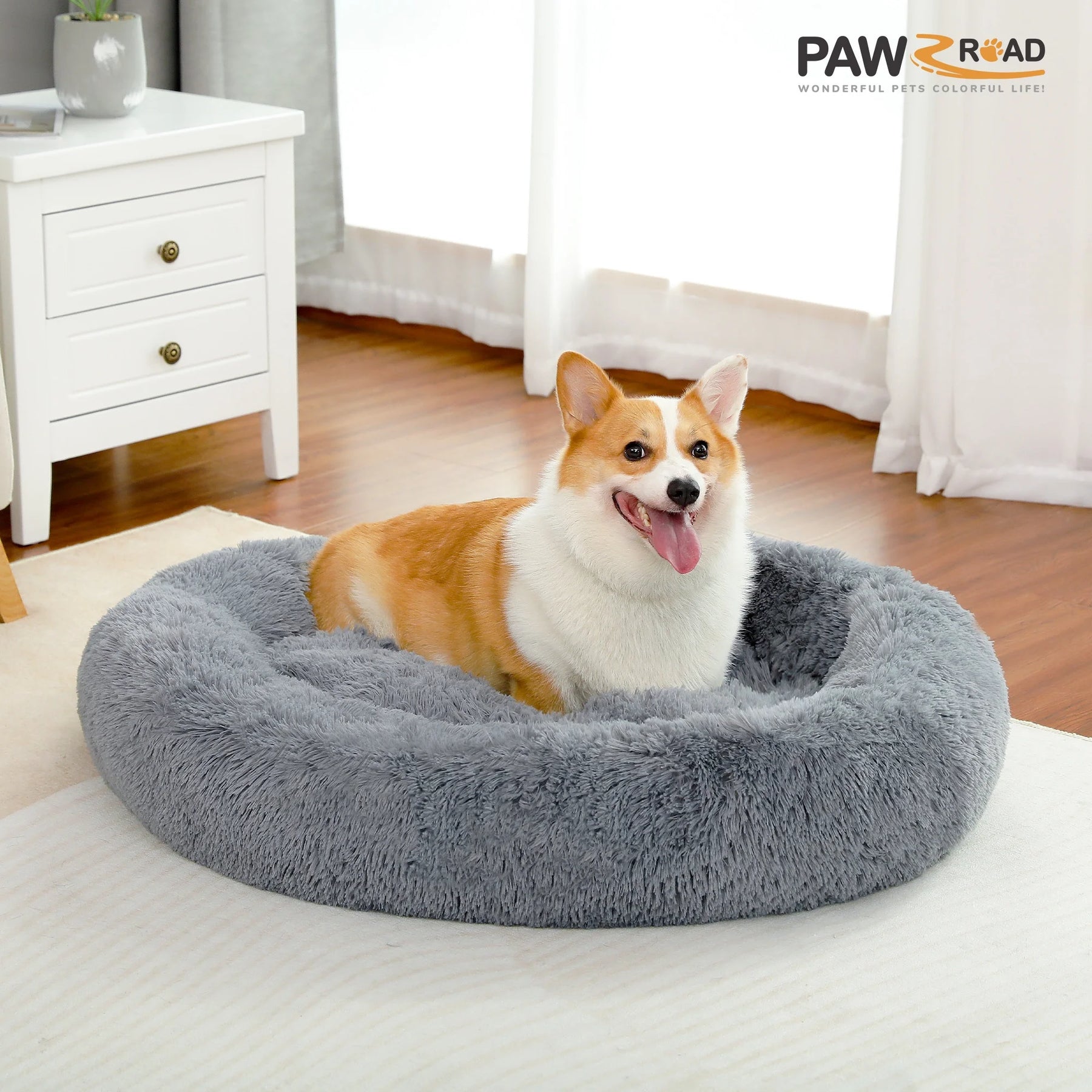 Calming Donut Dog Bed Anti-Anxiety Plush Pillow round Puppy Cat Bed 35" for Pets up to 100Lbs,Gray