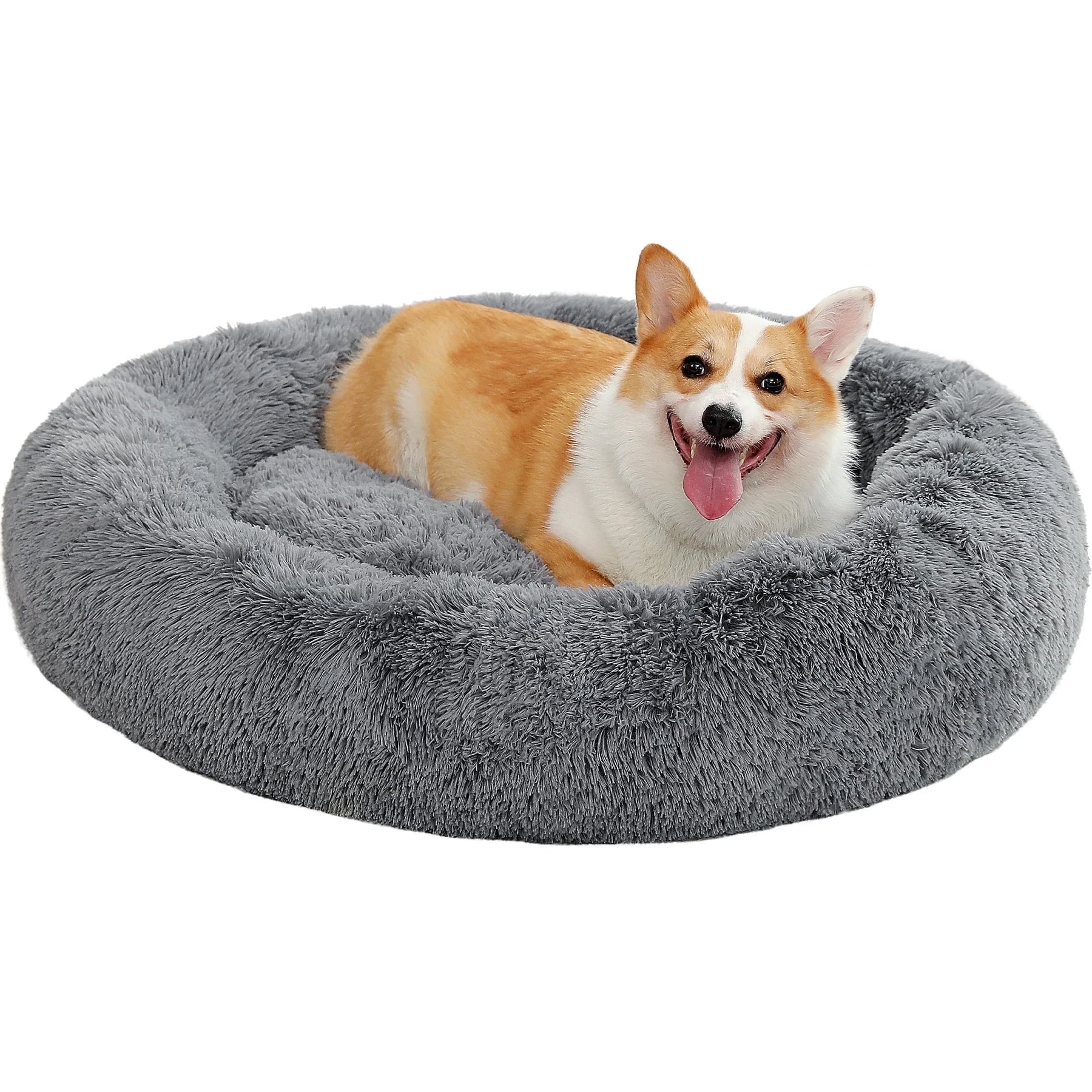Calming Donut Dog Bed Anti-Anxiety Plush Pillow round Puppy Cat Bed 35" for Pets up to 100Lbs,Gray