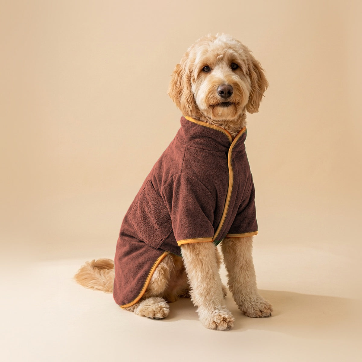 Goldendoodle wearing the Microfiber Drying Robe in Coffee