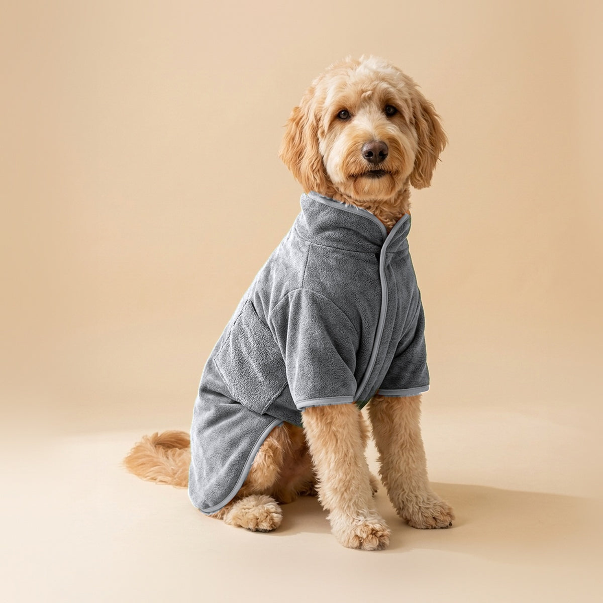 Goldendoodle wearing the Microfiber Drying Robe in Grey