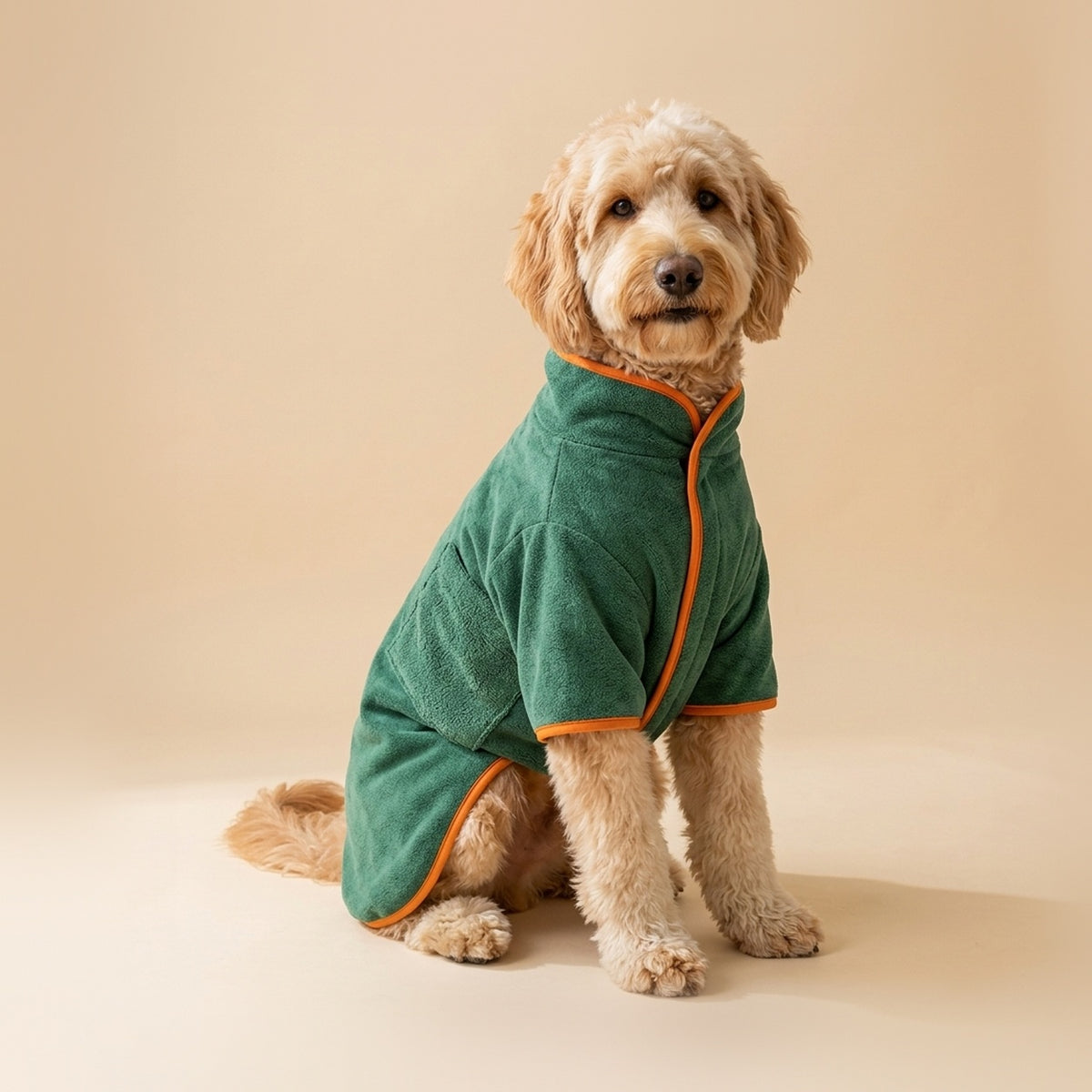 Goldendoodle wearing the Microfiber Drying Robe in Forest Green with orange trim