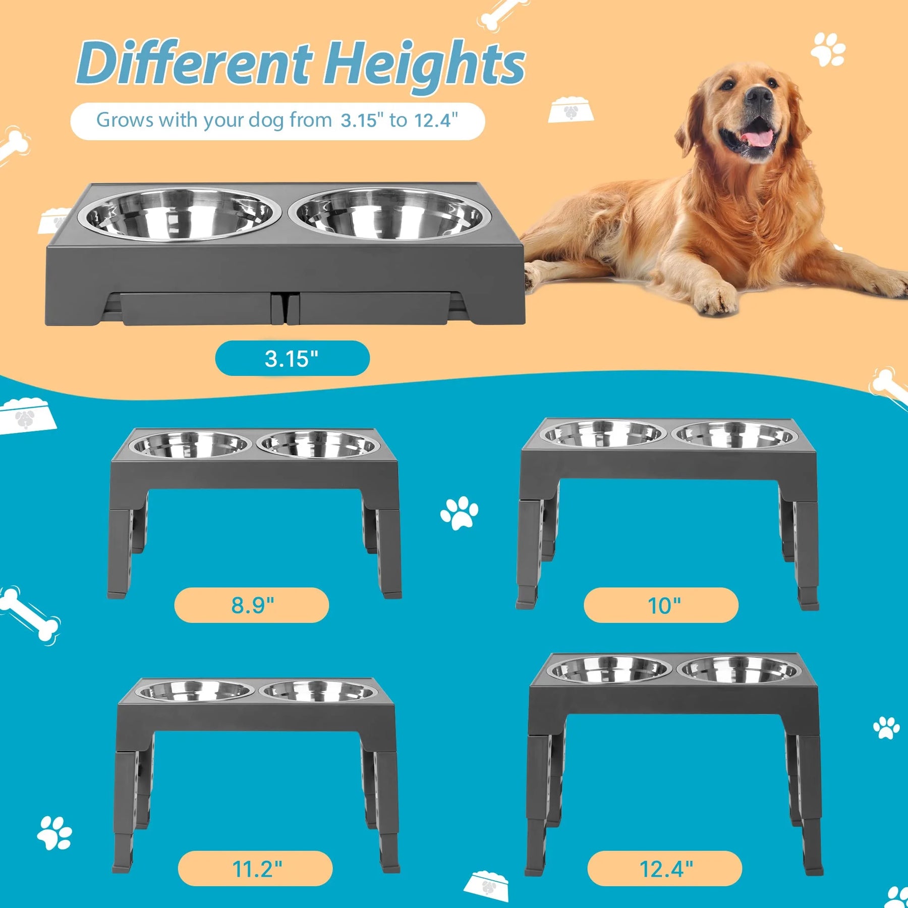 Elevated Dog Bowls Stand with 2 Stainless Steel Dishes, Raised Dog Bowl Adjusts to 5 Heights (3.15", 8.9", 10",11.2", 12.4") for Medium and Large Dogs（Gray）