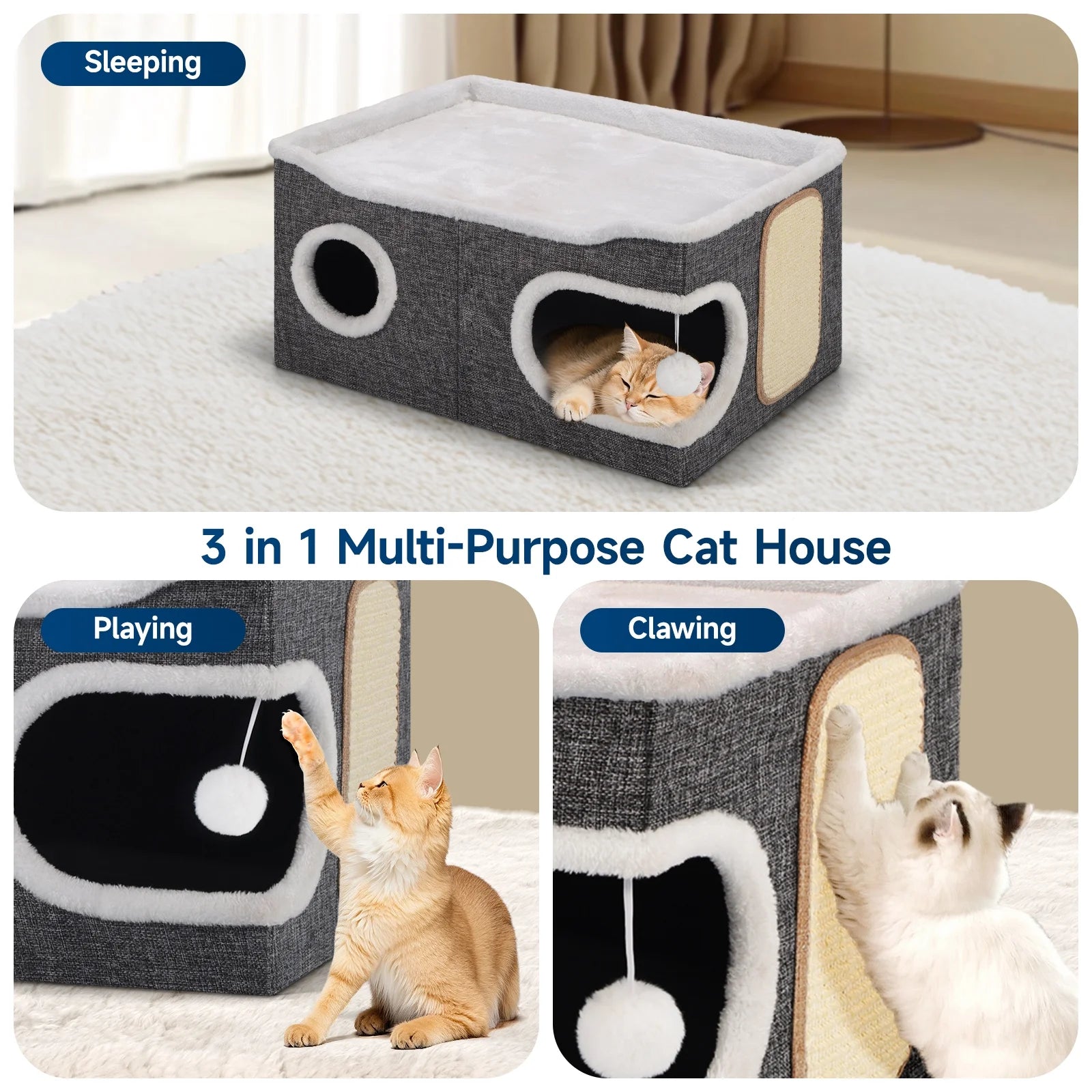 Cat Beds for Indoor Cats, Extra Wide Large Cat House for Pet Cat Cave with Scratch Pad and Fluffy Hanging Ball,Foldable Cat Cube Hideaway,Grey