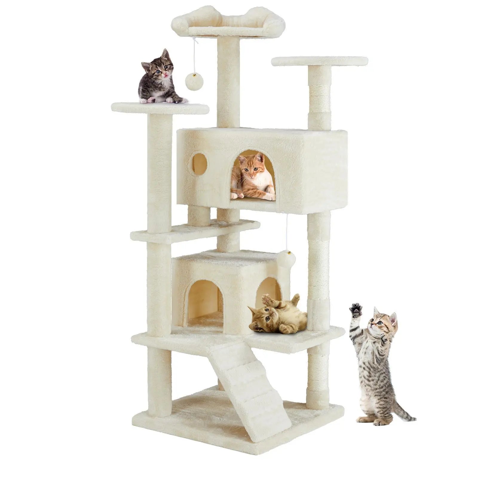 Cat Tree Tower for Indoor Cats, 54In Tall Multi-Level Pet Furniture, Stable Kitty Play House with Sisal Scratching Post, Large Condo, Climbing Ladder, Plush Toy for Kitten Cat Treehouse