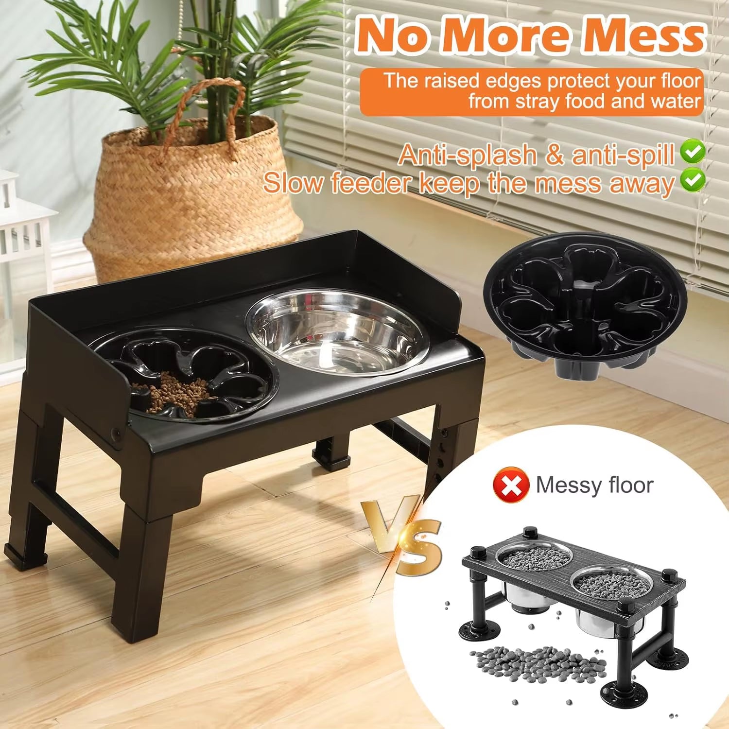 6 Height Adjustable Elevated Dog Bowls Stand with 2 Stainless Steel Bowls, Non-Slip Spill-Proof Pet Feeder for Small Medium Larg