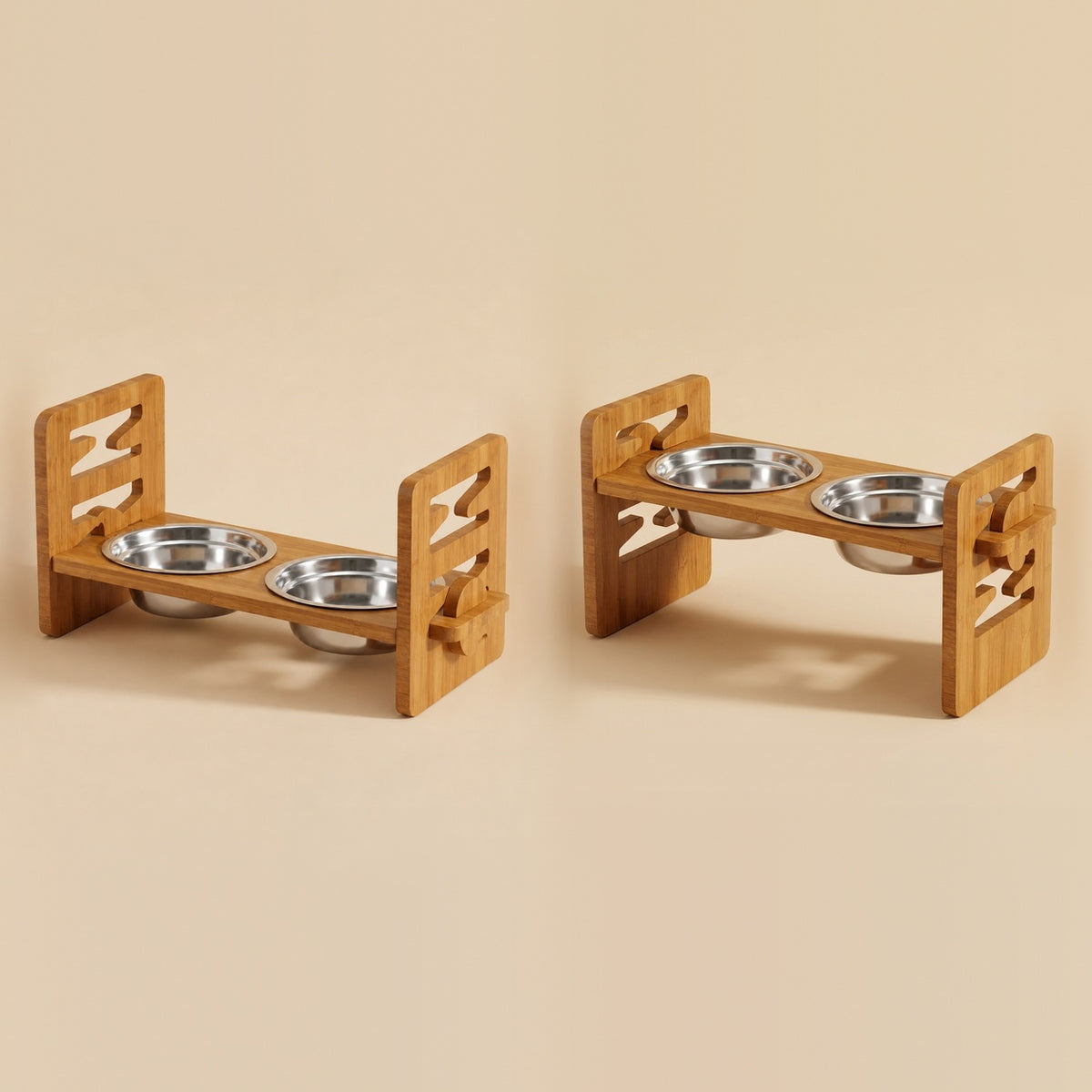 Adjustable Dog Feeding Rack shown at a low and a high setting