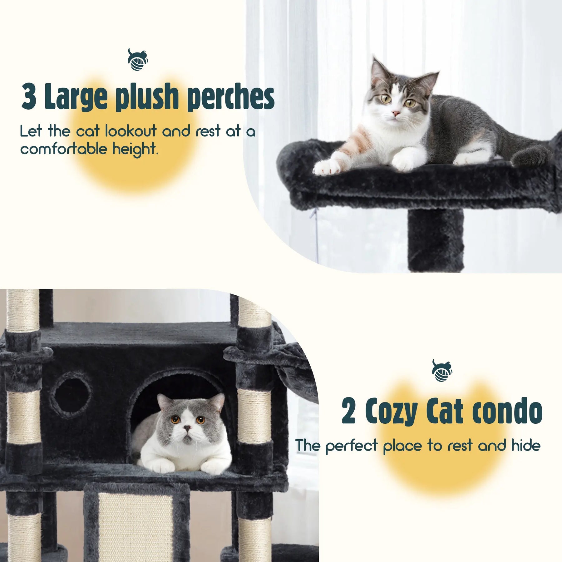 HOOMIC 68-Inch Multi-Level Cat Tree Tower for Large Cats with Sturdy Chipboard Base & Sisal Scratching Posts Cozy Plush Perches & Wide Base Board for Home Activity