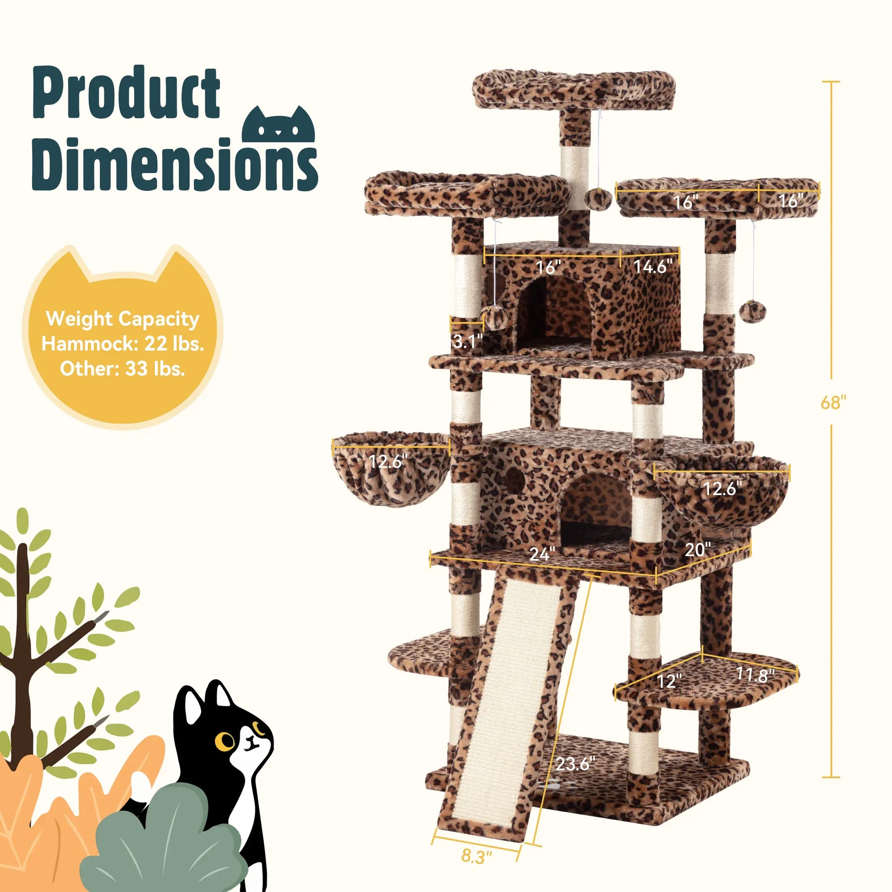 HOOMIC 68-Inch Multi-Level Cat Tree Tower for Large Cats with Sturdy Chipboard Base & Sisal Scratching Posts Cozy Plush Perches & Wide Base Board for Home Activity