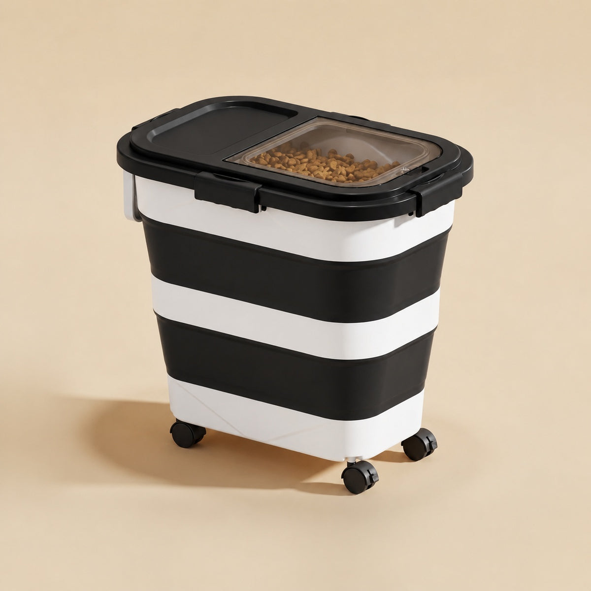 Tall black and white Collapsible Sealed Dog Food Storage Bin on wheels