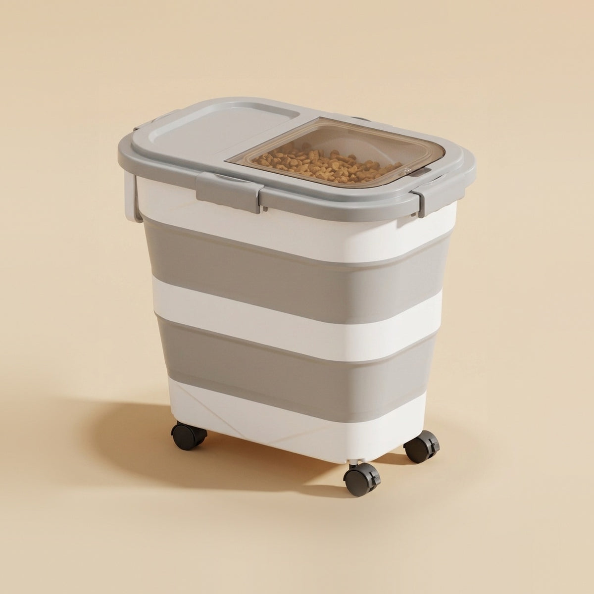 Tall gray Collapsible Sealed Dog Food Storage Bin on wheels, with kibble showing through the clear lid window