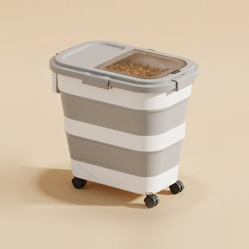 Tall gray Collapsible Sealed Dog Food Storage Bin on wheels, with kibble showing through the clear lid window
