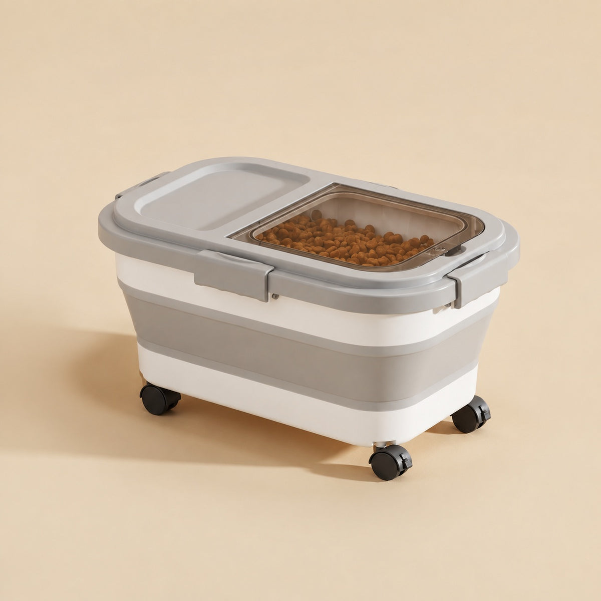 Compact gray Collapsible Sealed Dog Food Storage Bin on wheels