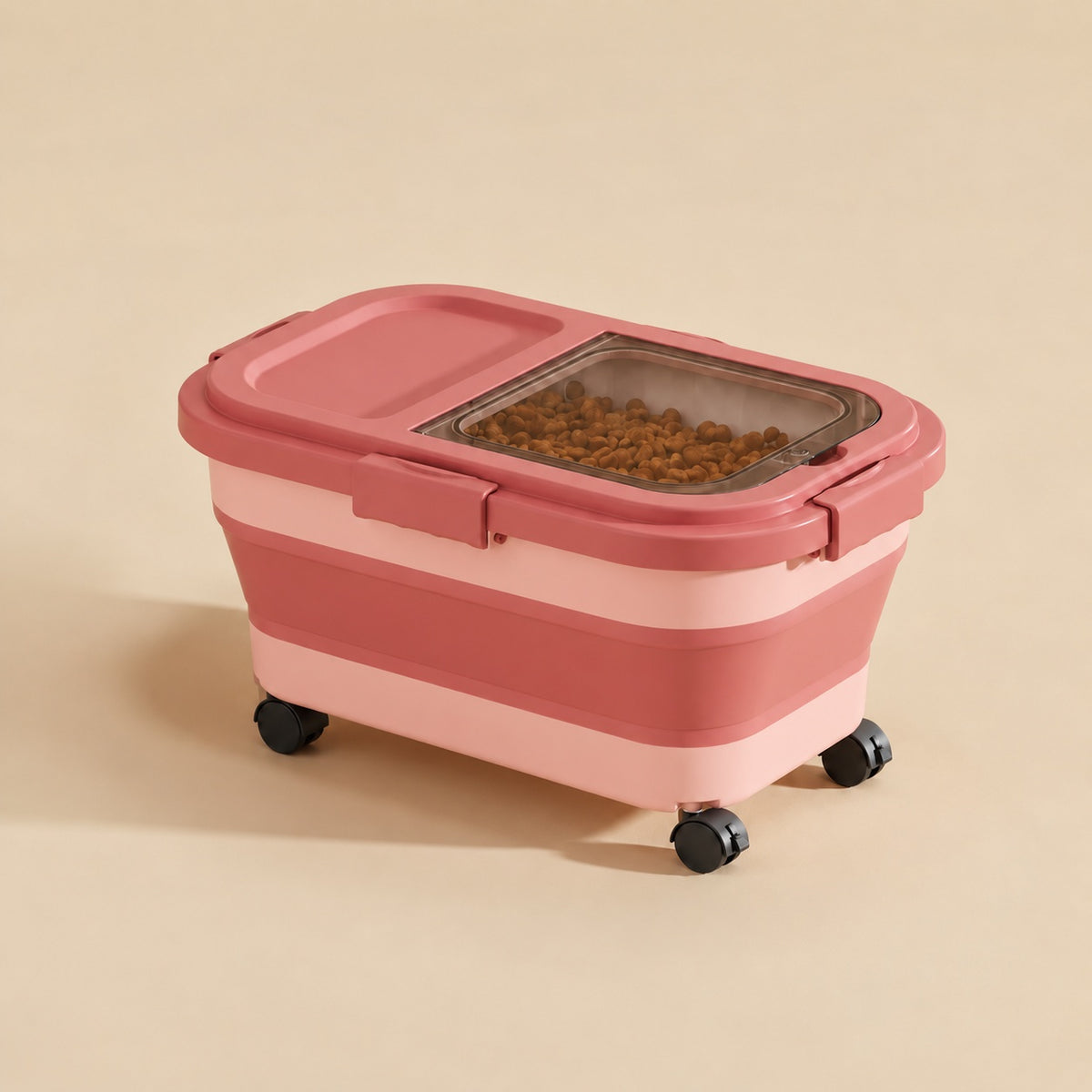 Compact pink Collapsible Sealed Dog Food Storage Bin on wheels