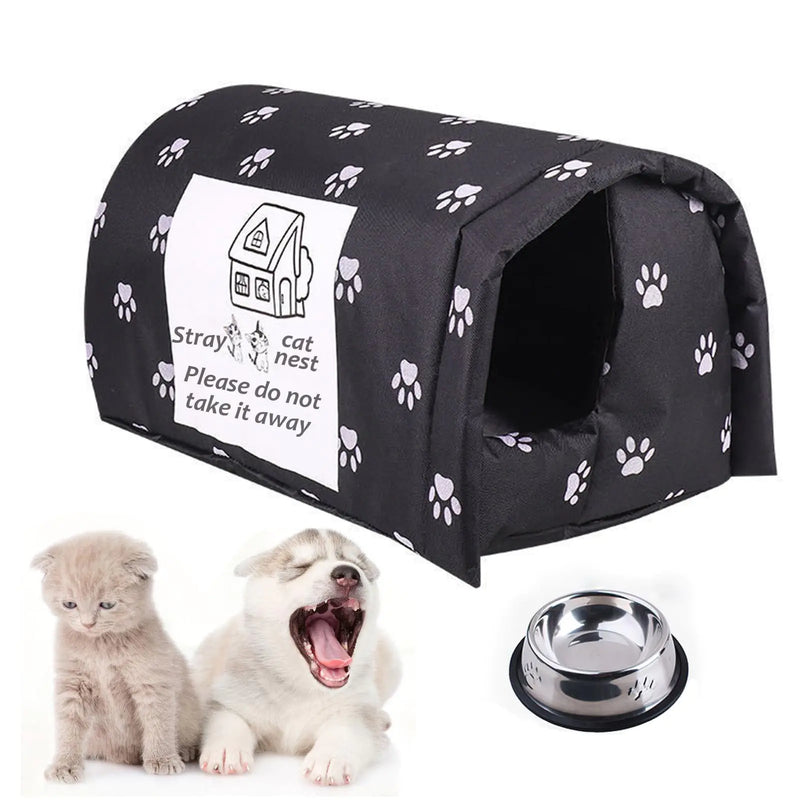 FIEATES Cat House for Outdoor Cats in Winter Thickened Weatherproof Foldable Houses for Feral Cats Stray Cats Shelter Home Keep Warm Outdoor Indoor Garden (Black Medium)