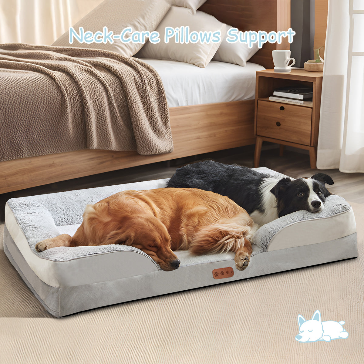 Golden retriever and border collie resting their heads on the edges of a light gray Bolster Dog Bed