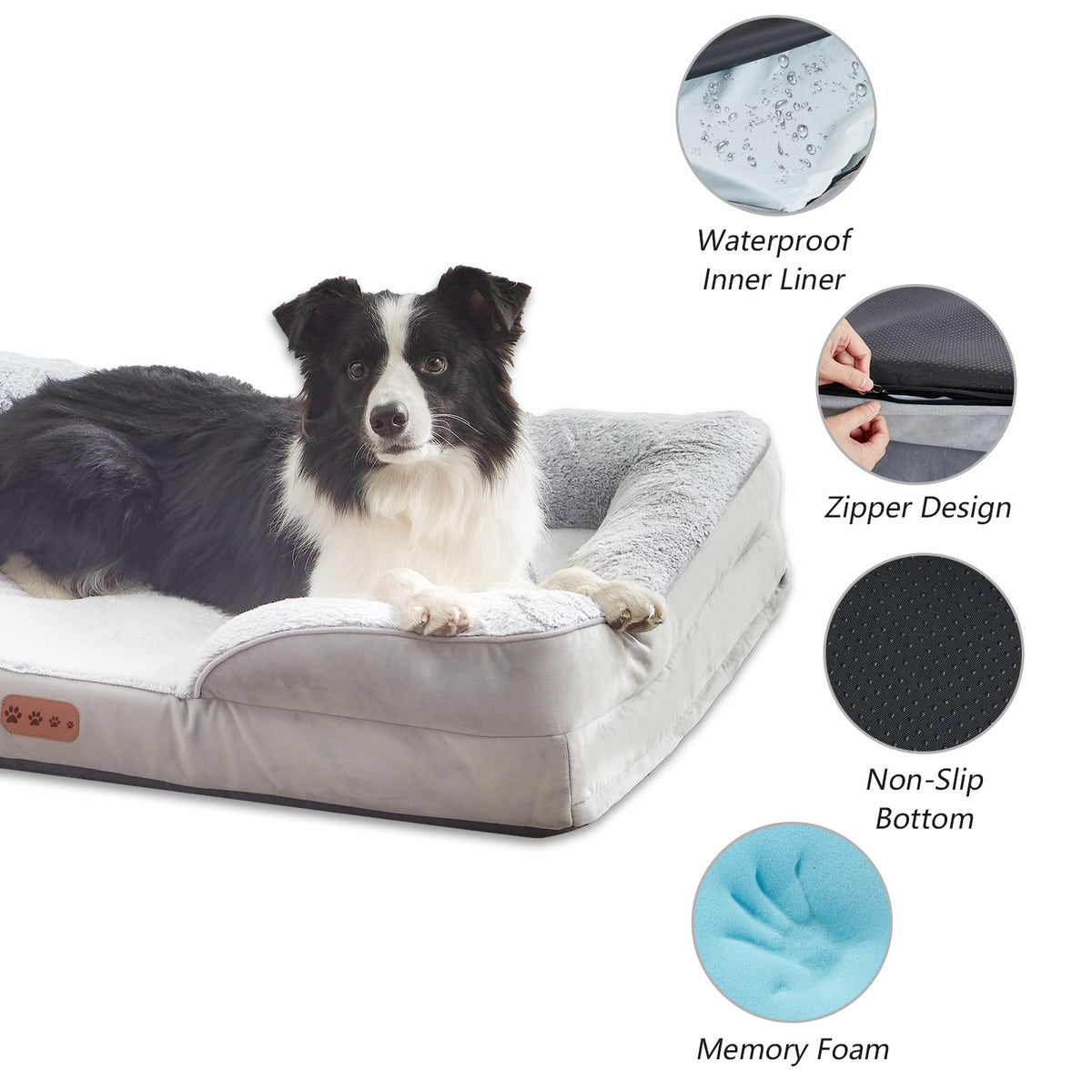 Border collie on a light gray Bolster Dog Bed, with close-ups of the waterproof liner, zipper, non-slip bottom and memory foam