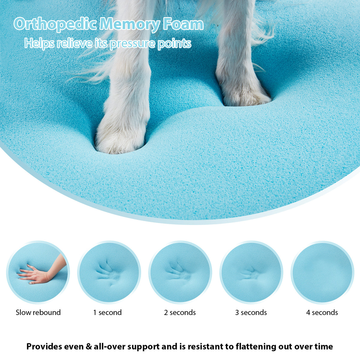 Dog's paws pressing into the Bolster Dog Bed's memory foam, with photos of the foam returning to shape over four seconds