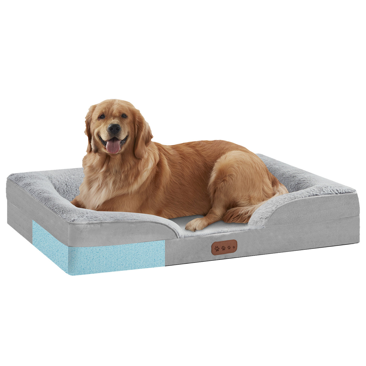 Golden retriever lying on a light gray Bolster Dog Bed, with a cutaway showing the memory foam base