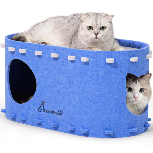 Cat Beds for Indoor Cats 2 in 1 Cat House for Indoor Cats Foldable Cat Tunnel Enclosed Bed Scratch Resistant Peekaboo Cat Cave for Large Cats Up to 25lbs & Multiple Small Cats Blue