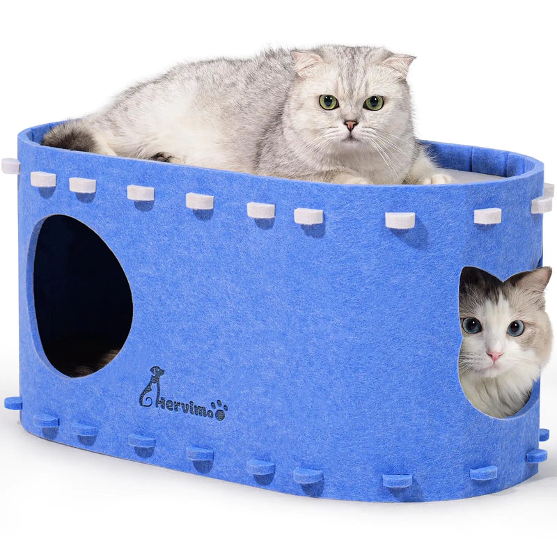 Cat Beds for Indoor Cats 2 in 1 Cat House for Indoor Cats Foldable Cat Tunnel Enclosed Bed Scratch Resistant Peekaboo Cat Cave for Large Cats Up to 25lbs & Multiple Small Cats Blue